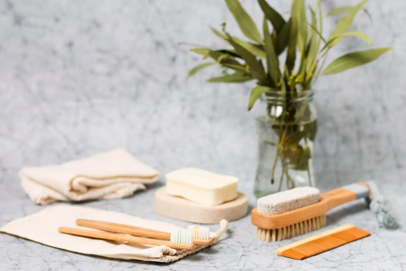 Front view of a natural hair brush and leaves.
