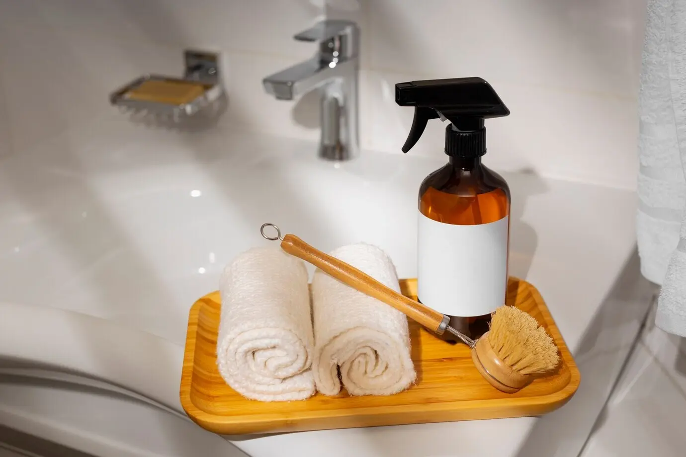 A still life depicting bathroom cleaning products.