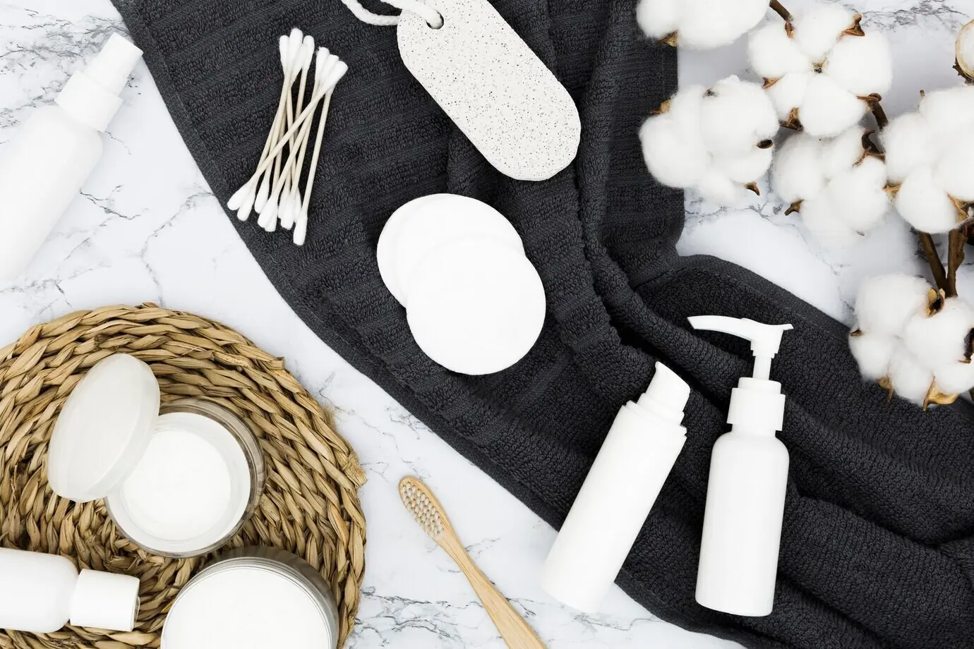 Overhead flat lay of accessories for a bath concept